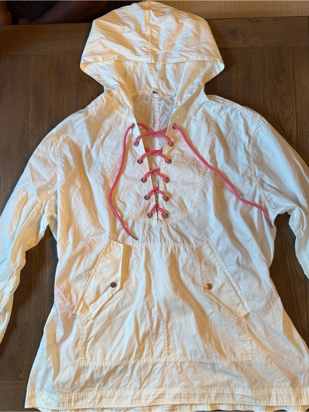 Free People White Hooded Anorak Jacket with Pink Lace-Up Detail size M/L